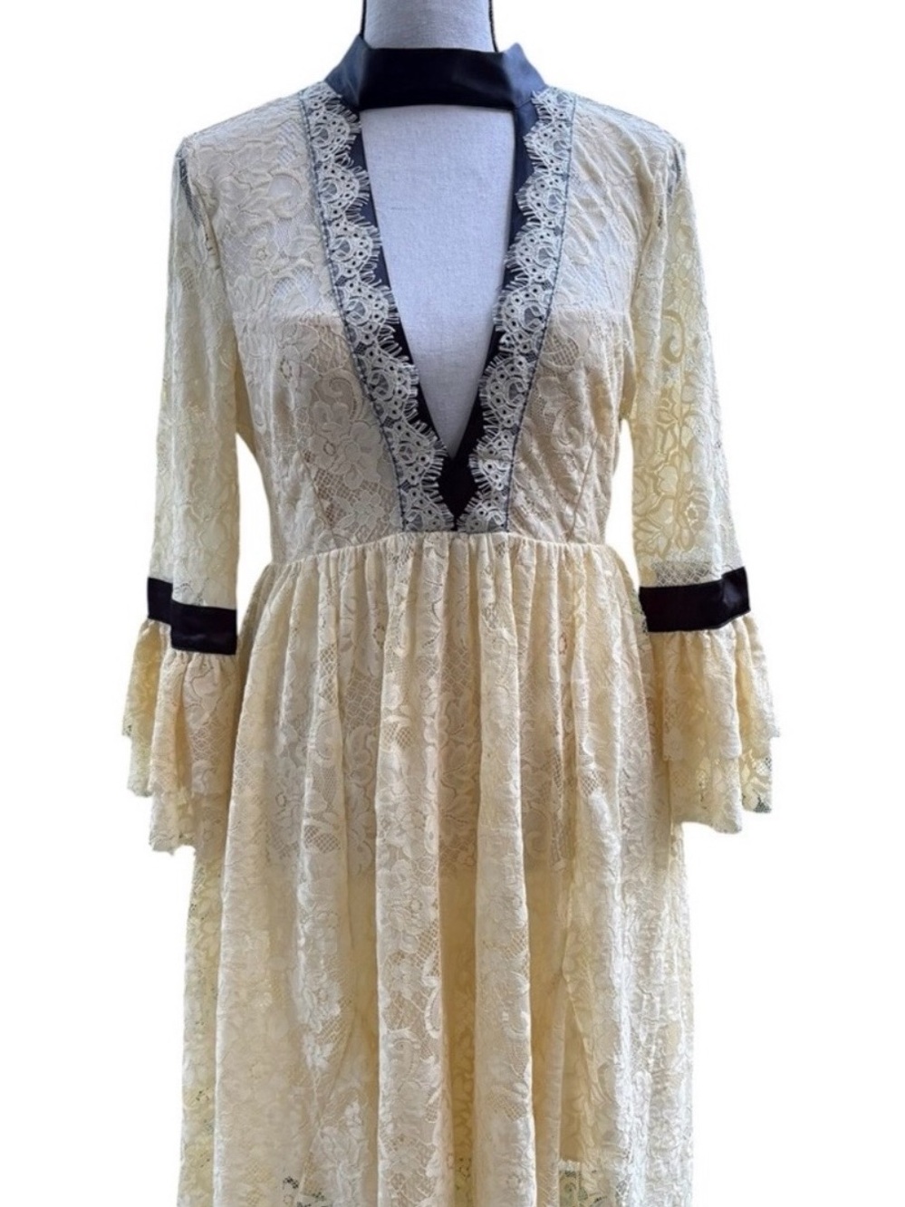 Free People Cream Lace Mini Dress with Black Trim